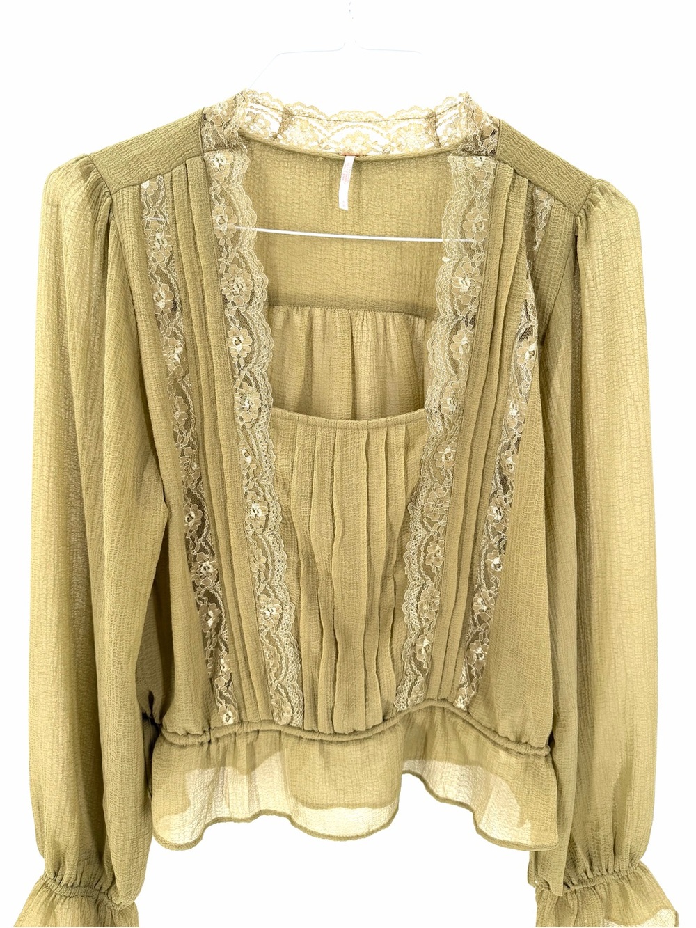 Free People Green Square Neck Boho Cottage Long Sleeve Prairie Blouse Top - Picture 3 of 6